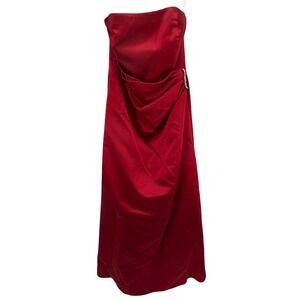 David's Bridal Red‎ Strapless Satin Dress Gown With Rhinestone Brooch Size 12